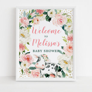 Poster Pink Gold Floral Cow Girl Baby Shower Welcome