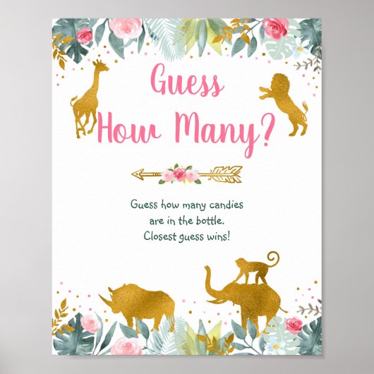 Poster Pink Gold Greenery Safari Devinez Combien De Jeu S (Devant)