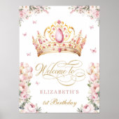Poster Pink Gold Princess Crown 1st Birthday Welcome (Devant)