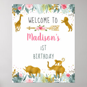 Poster Pink Gold Safari Animal Green Anniversaire Bienven