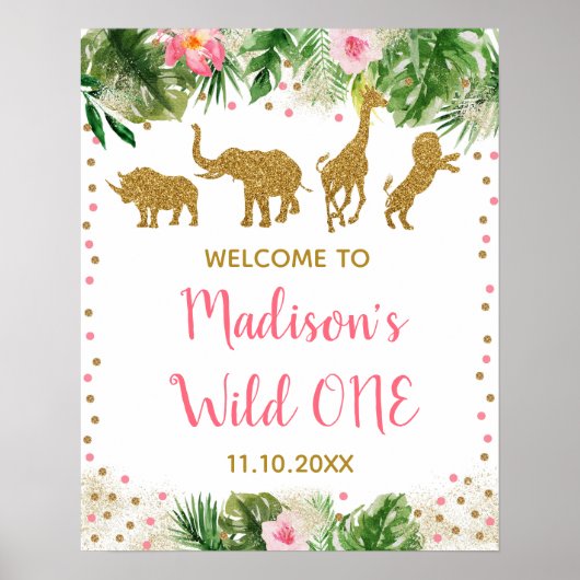 Poster Pink & Gold Safari Wild One First Birthday Bienven (Devant)