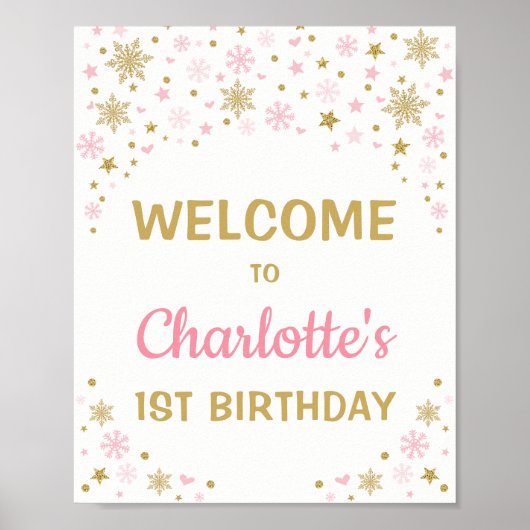 Poster Pink Gold Snowflake Hiver 1er anniversaire Bienven (Devant)