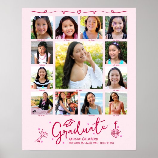 Poster Pink Graduation K–12 Photo Collage Red Doodles Fun (Devant)