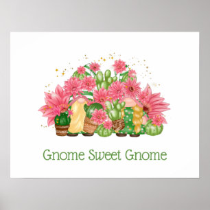 Poster Pink Green Floral Gnomes Gnome Sweet Gnome 