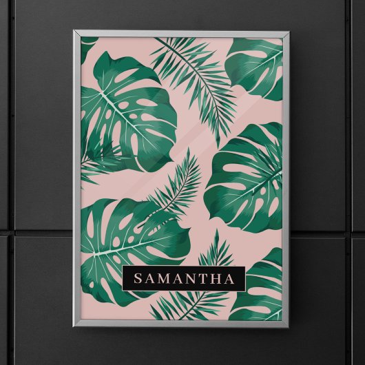 Poster Pink & Green Palm Feuille Motif & nom