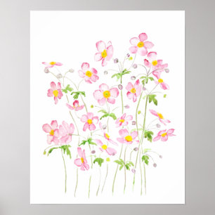 Poster Pink Japanese Anemone field watercolor painting