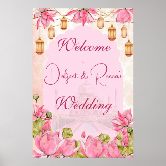 Poster Pink lotus mariage indien signe de bienvenue (Devant)