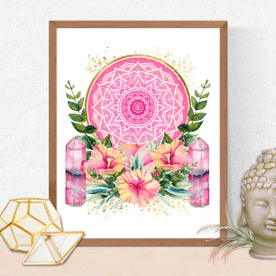 Poster Pink Mandala Crystal Flowers Yoga Reiki Spa Boho