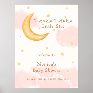 Poster Pink Moon Stars Twinkle Girl Baby shower Bienvenue
