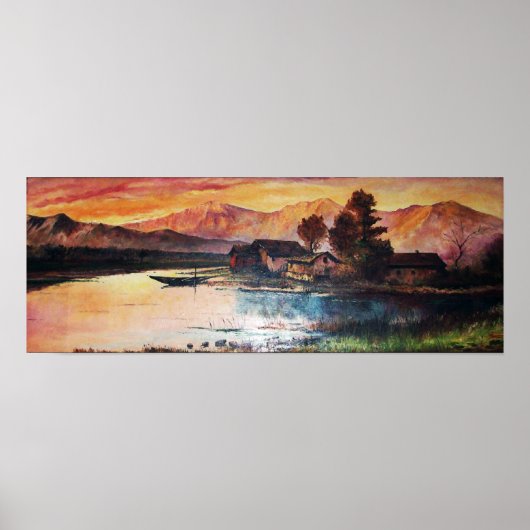 POSTER PINK MOUNTAINS LAC ALPINE SUNSET PAYSAGE (Devant)