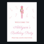 Poster Pink Nutcracker Sucres de canne Anniversaire Bienv<br><div class="desc">Une douche fantaisie ou un signe de bienvenue d'anniversaire dans un thème pastel rose Nutcracker Ballet jouet soldats. Tout le texte est entièrement personnalisable à votre événement. Le design présente mes illustrations (le soldat de jouets en bois Nutcracker et les sucres de canne), originalement peintes en aquarelle, avant d'être scannées...</div>
