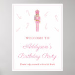 Poster Pink Nutcracker Sucres de canne Anniversaire Bienv<br><div class="desc">Une douche fantaisie ou un signe de bienvenue d'anniversaire dans un thème pastel rose Nutcracker Ballet jouet soldats. Tout le texte est entièrement personnalisable à votre événement. Le design présente mes illustrations (le soldat de jouets en bois Nutcracker et les sucres de canne), originalement peintes en aquarelle, avant d'être scannées...</div>