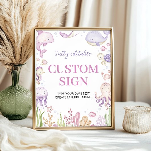 Poster Pink Ocean Animals Girl Party Panneau de table per