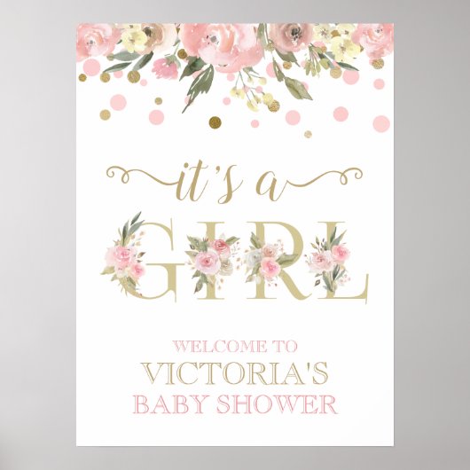 Poster Pink or Aquarelle Baby shower floral (Devant)