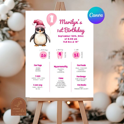 Poster Pink Penguin First Birthday Milestone
