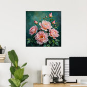 Poster Pink Peonies Artwork on Emerald Green (Bureau à domicile)