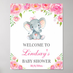 Poster Pink Peony Elephant Girl Baby Shower Welcome Sign