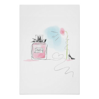 Poster Pink Perfume & Flower Watercolor Fashion Art
