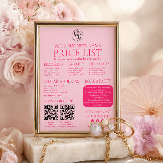 Poster Pink Permanent Jewelry Price List QR code Menu