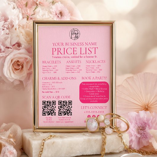 Poster Pink Permanent Jewelry Price List QR code Menu