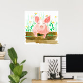 Poster Pink Pig On A Fence Barnyard Farm Animal (Bureau à domicile)
