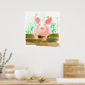Poster Pink Pig On A Fence Barnyard Farm Animal (Cuisine)