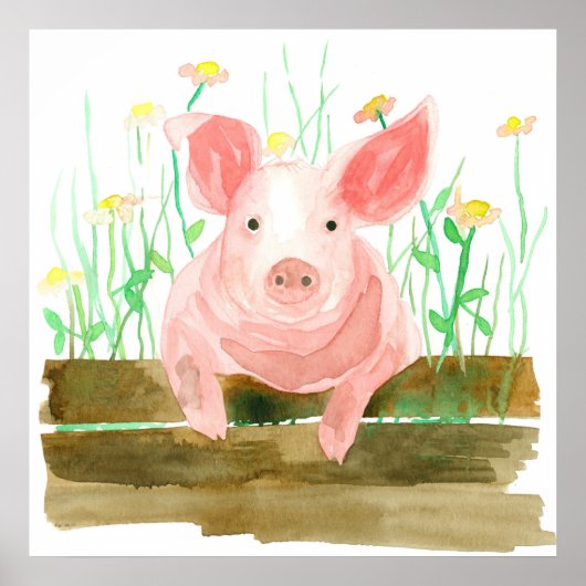 Poster Pink Pig On A Fence Barnyard Farm Animal (Devant)