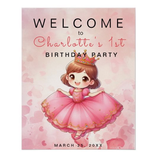 Poster Pink Princess Girl Anniversaire Bienvenue (Devant)
