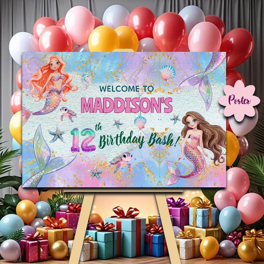 Poster Pink Purple Glitter Mermaids 12th Birthday Welcome
