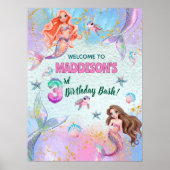 Poster Pink Purple Glitter Mermaids 3rd Birthday Welcome (Devant)
