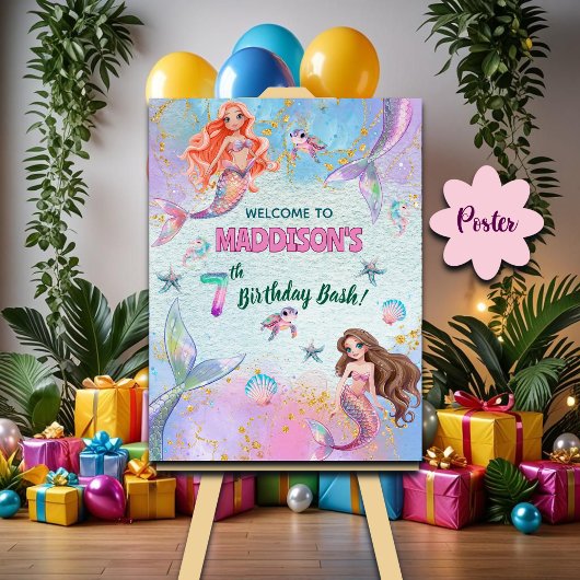 Poster Pink Purple Glitter Mermaids 7th Birthday Welcome