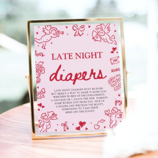 Poster Pink Red Valentine Baby Shower Late Night Diapers