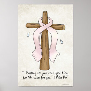 Poster Pink Ribbon & Cross Christian Scripture