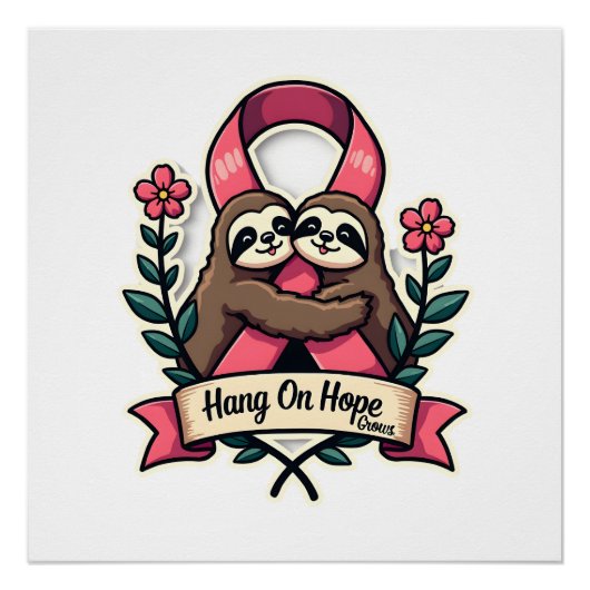 Poster Pink Ribbon Sloth Support Vintage Awareness Art (Devant)