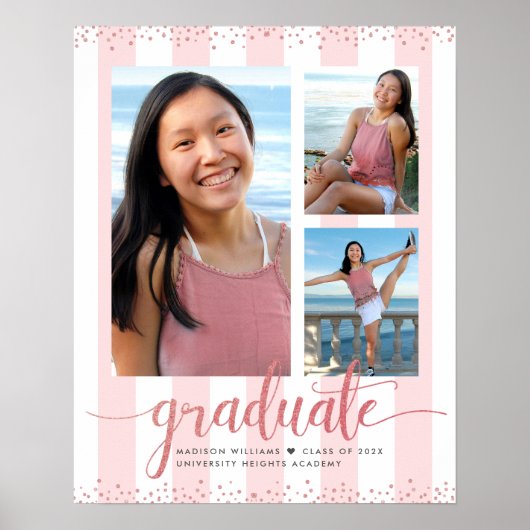 Poster Pink Rose Gold Graduation 3 Parties scintillant ph (Devant)