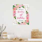 Poster Pink Roses with Foliage Birthday Welcome (Cuisine)
