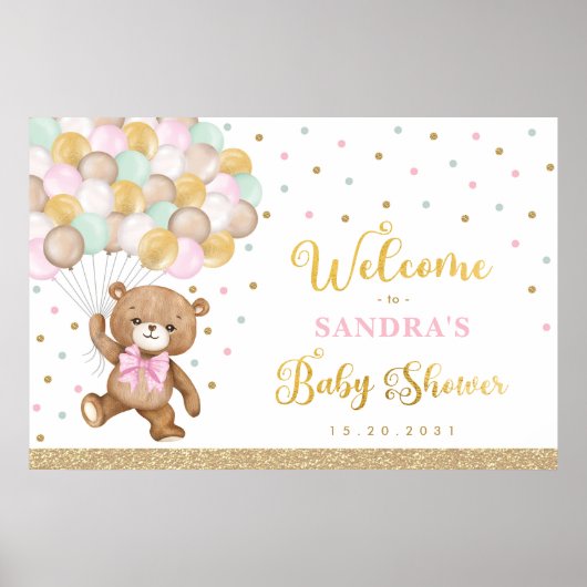Poster Pink Sage Green Teddy Bear Balloon Bienvenue bébé (Devant)
