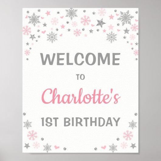 Poster Pink Silver Snowflake Hiver 1er anniversaire Bienv (Devant)
