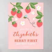 Poster Pink Strawberry Berry First Birthday Welcome (Devant)