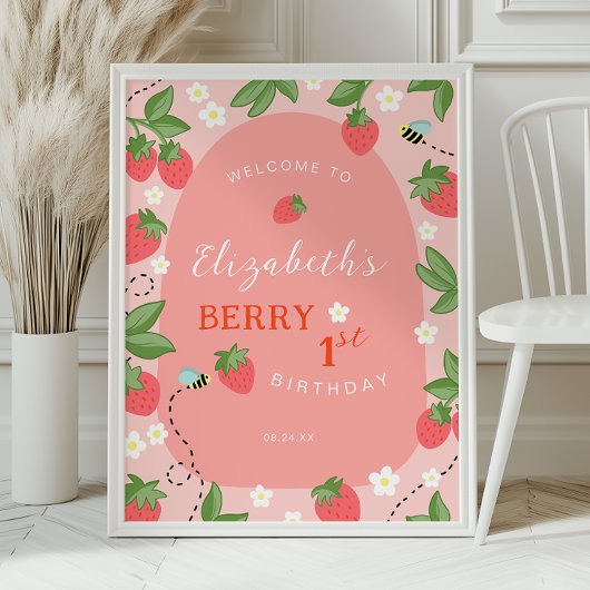 Poster Pink Strawberry Berry First Birthday Welcome