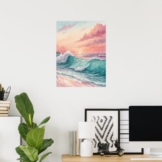 Poster Pink Sunset Ocean Waves (Bureau à domicile)