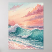Poster Pink Sunset Ocean Waves (Devant)
