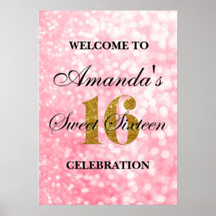 Poster Pink Sweet 16 Gold Parties scintillant Lights Welc