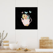 Poster Pink Teapot with Flowers & Butterflies (Cuisine)