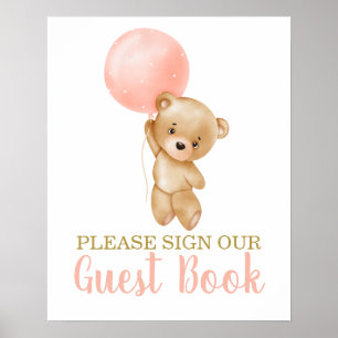 Poster Pink Teddy Bear Baby shower Girl Signaler livre d'