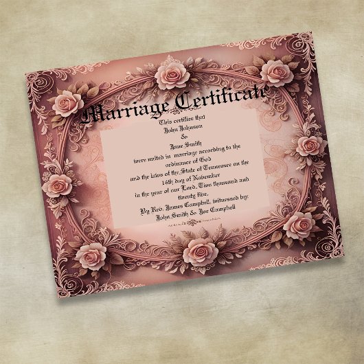 Poster Pink Vintage Roses Marriage Certificate
