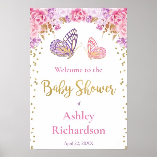 Poster Pink violet or baby shower papillon bienvenue (Devant)