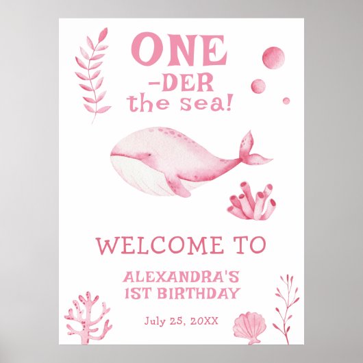 Poster Pink Whale 1st Birthday Under the sea (Devant)