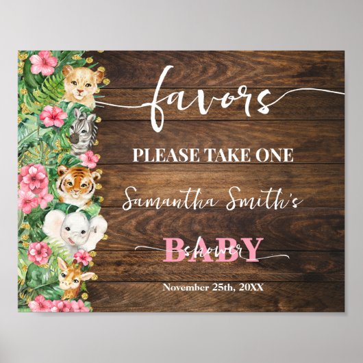 Poster Pink Wild Rustic Safari Animals Favors Baby Shower (Devant)