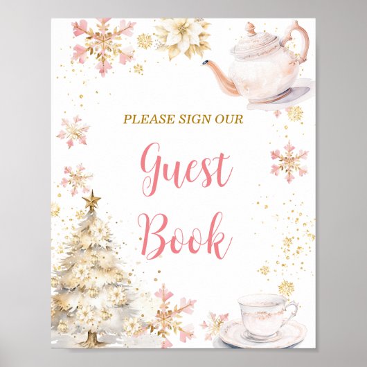 Poster Pink Winter Tea Party Baby Shower Guest Book (Devant)